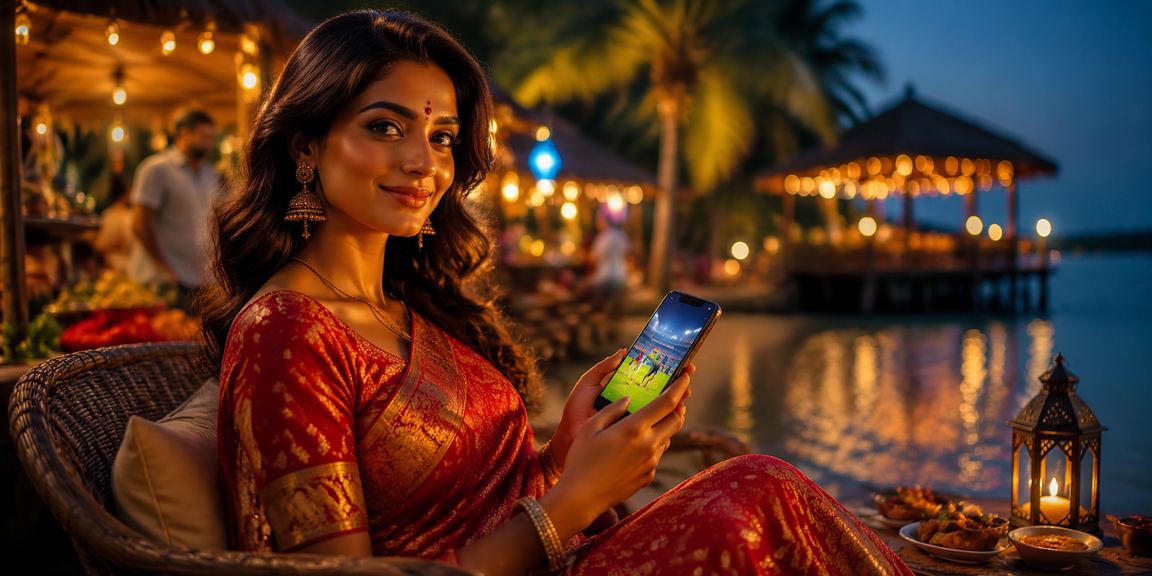 Woman in Kerala wearing saree placing cricket bets online with enthusiasm